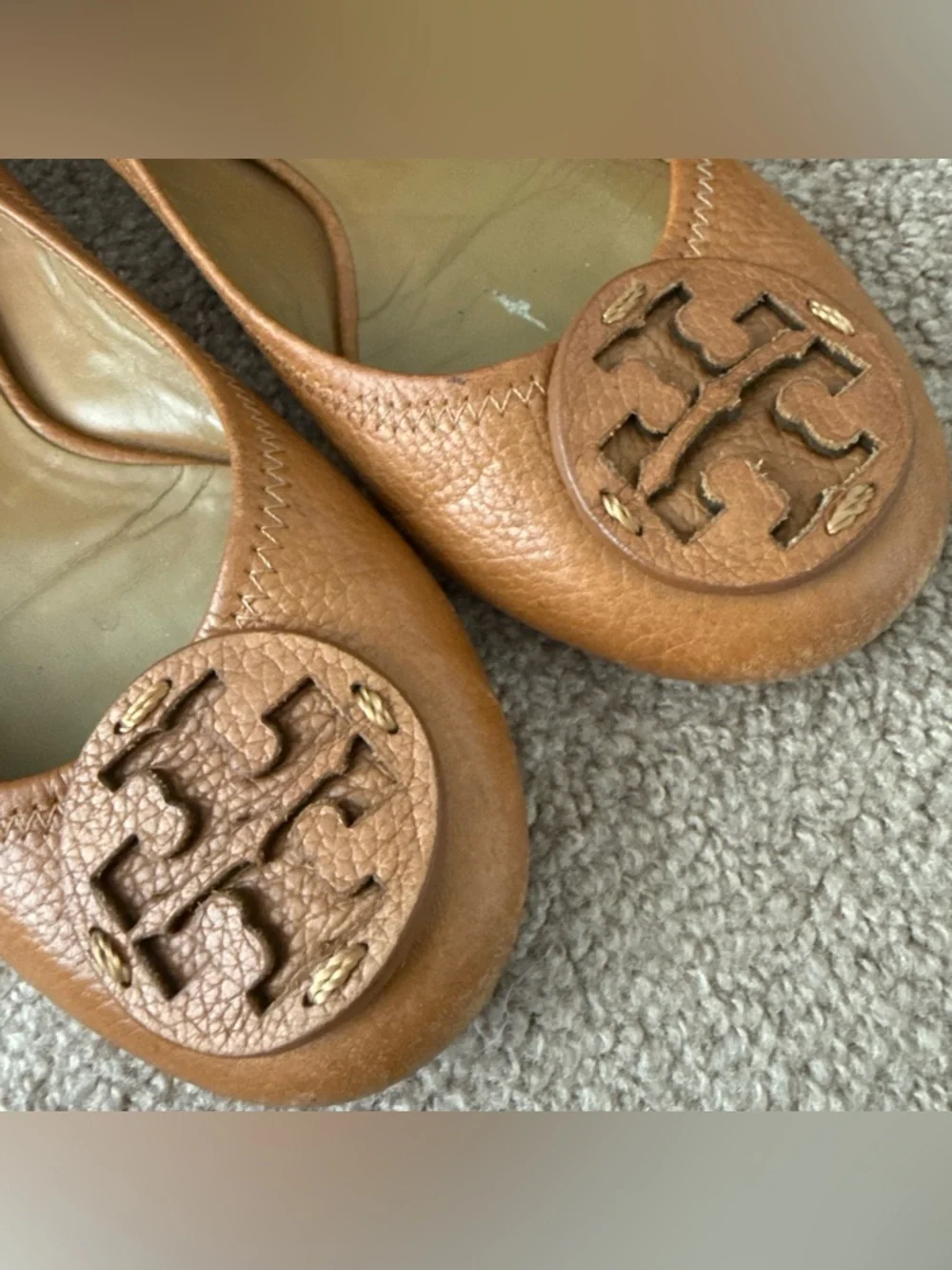 Tory Burch Reva Pebbled Leather Ballet Flats Royal Tan Camel Women Shoe